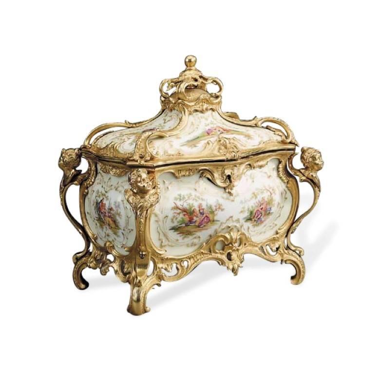 French Rococo style ormolu mounted antique porcelain casket