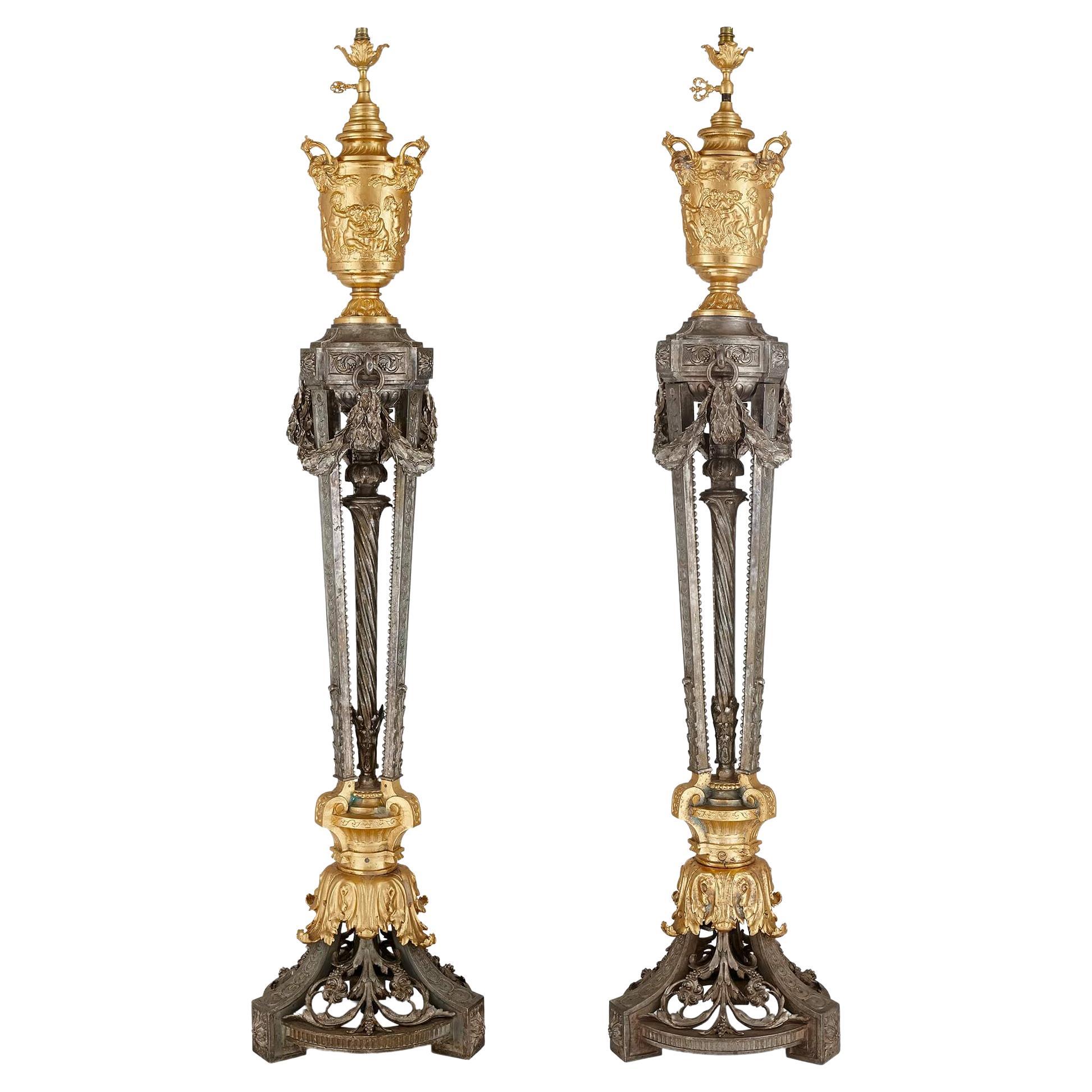 Neoclassical style gilt and silvered iron 19th Century floor lamps For Sale