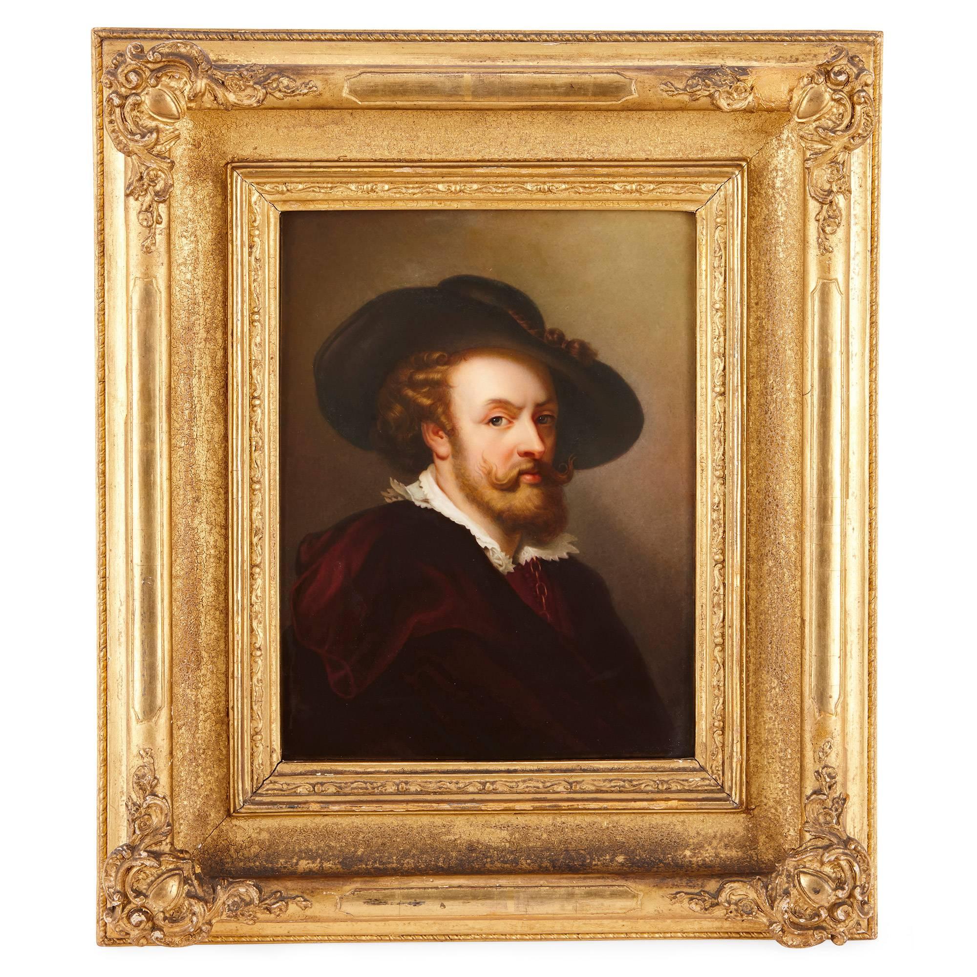 This fine pair of antique porcelain plaques, the work of important Berlin porcelain-makers KPM, have been painted after self-portraits by the renowned Old Master artists Pieter Paul Rubens (1577-1640) and Rembrandt van Rijn (1606-1669). The original