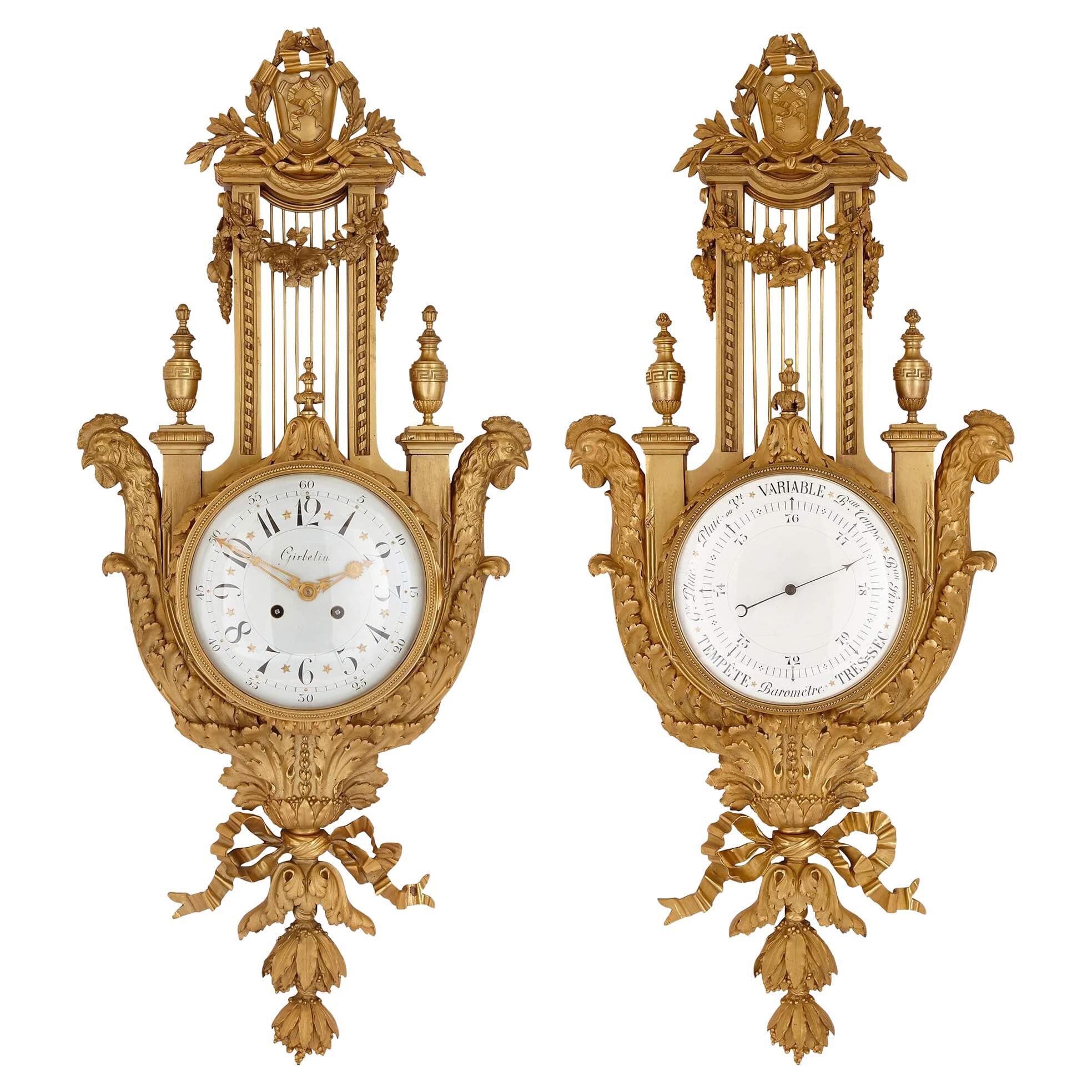 19th Century Neoclassical Style Gilt Bronze Cartel Clock and Barometer by Dasson