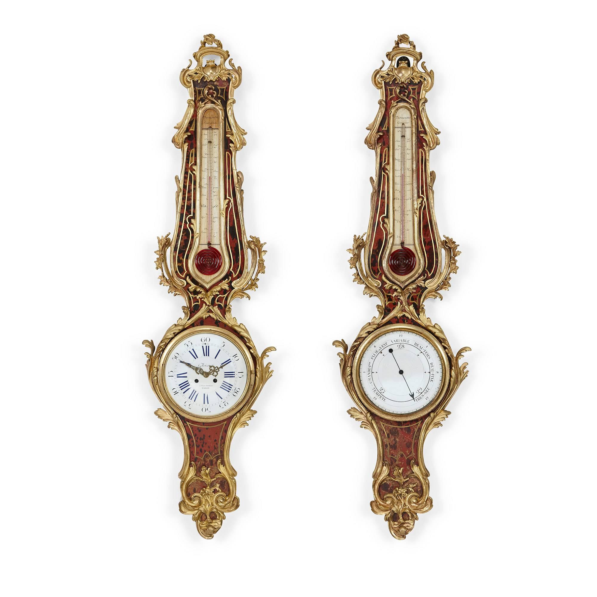 Gilt-bronze and Tortoiseshell Clock and Barometer set by Gleizes
French, 19th Century
Height 115cm, width 30cm, depth 7cm

In the Louis XV style, this elegant antique clock and barometer set by the French maker Gleizes, based in Paris in the 19th