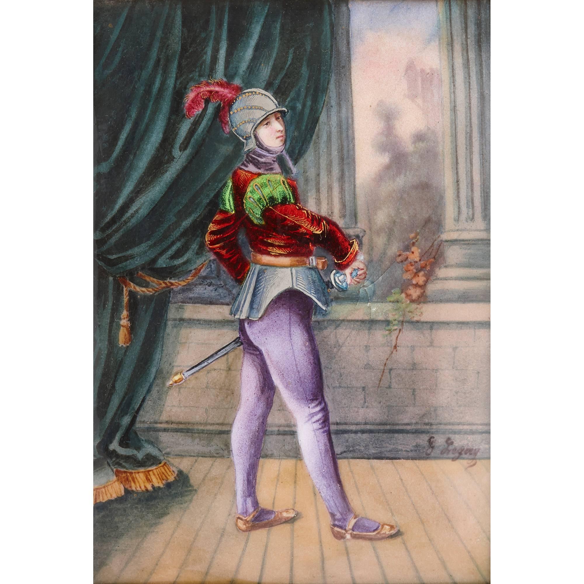 This beautiful Limoges enamel plaque depicts a knight in full armour. He is portrayed turning towards the viewer, as though he is about to unsheathe his sword. The knight stands before classical white stone fluted columns and heavy velvet curtains,