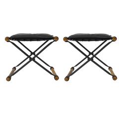 Cleo Baldon X-Benches Leather Oak Wrought Iron Pair, USA, 1960s