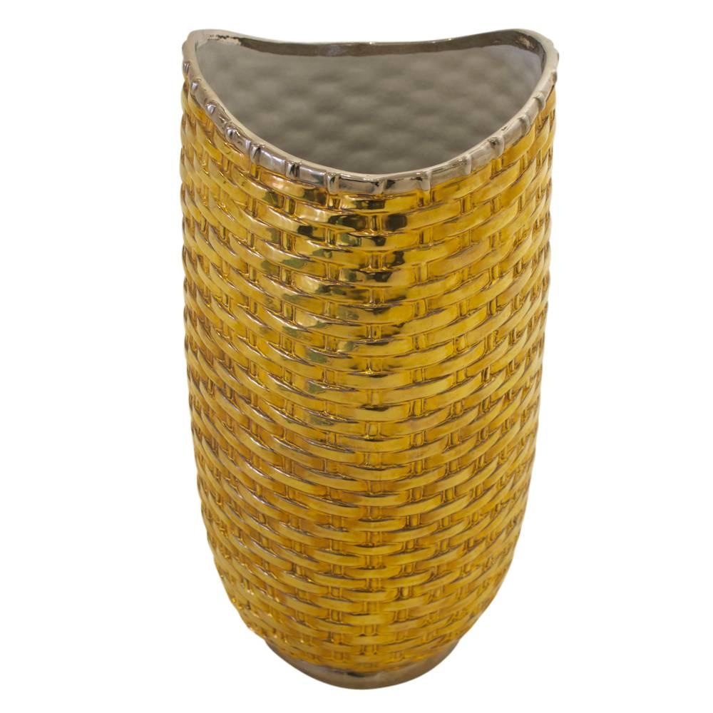 San Marco large ceramic gold woven vase signed Italy, 1970's. Gold glazed woven pattern with contrasting chrome collar and base. Classic Italian style reminiscent of Gucci's woven accessories. Paper label Reads: San Marco Nove N Italia.