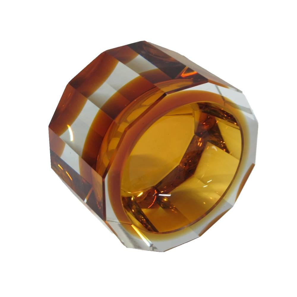 Mid-Century Modern Murano Sommerso Faceted Amber and Clear Glass Bowl, Italy, 1970s