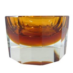 Murano Sommerso Faceted Amber and Clear Glass Bowl, Italy, 1970s
