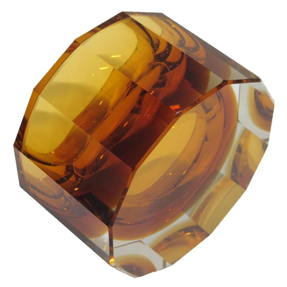 Blown Glass Murano Sommerso Faceted Amber and Clear Glass Bowl, Italy, 1970s