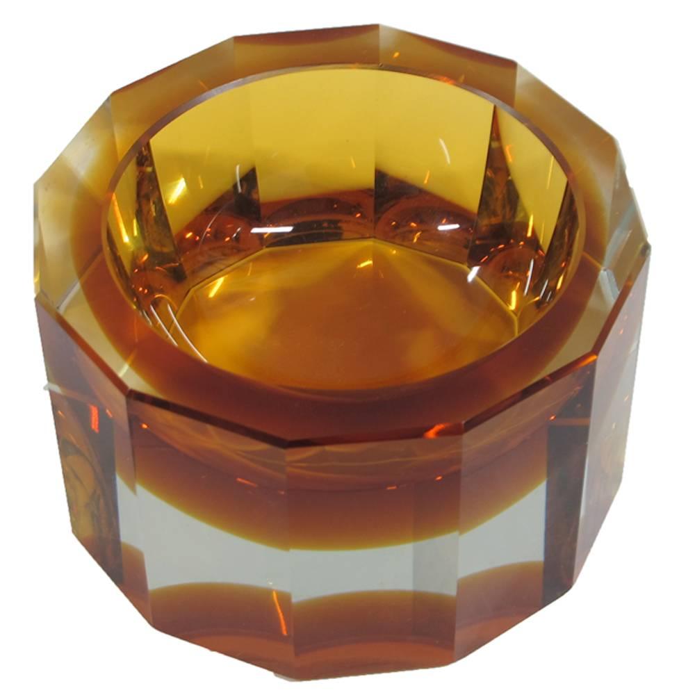 Italian Murano Sommerso Faceted Amber and Clear Glass Bowl, Italy, 1970s