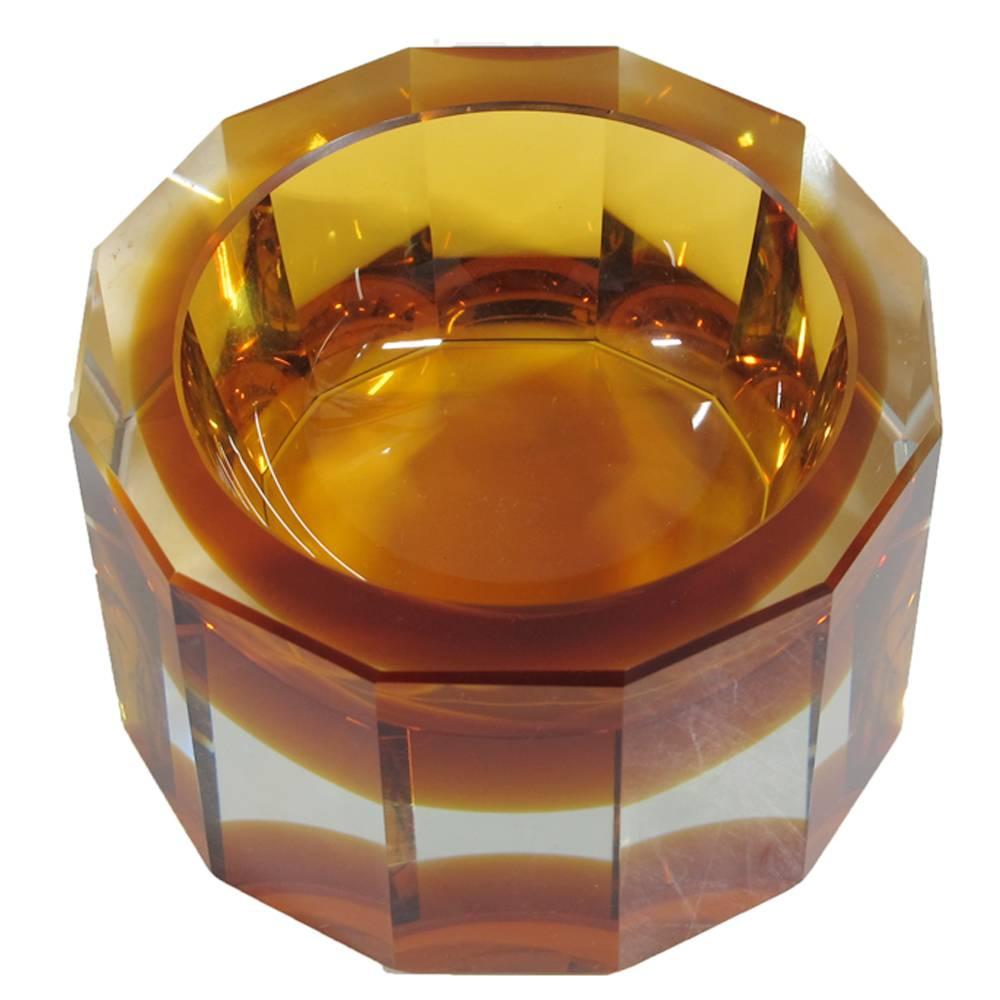 Murano Sommerso Faceted Amber and Clear Glass Bowl, Italy, 1970s