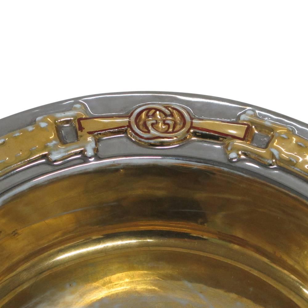 Hand-Crafted Gucci Horsebit Bowl Gold & Metallic Silver Porcelain Suede Signed, Italy, 1980s