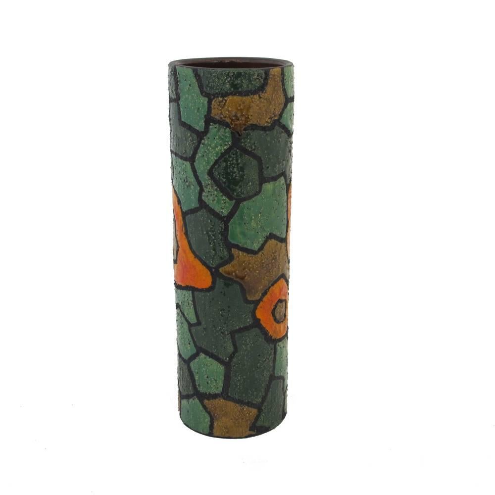 Raymor ceramic vase, Italy, signed 1960s. Tall cylindrical flower patterned vase in bright psychedelic colors with a textured sand glaze. Marked: R2103 Raymor, Italy on underside of vase.