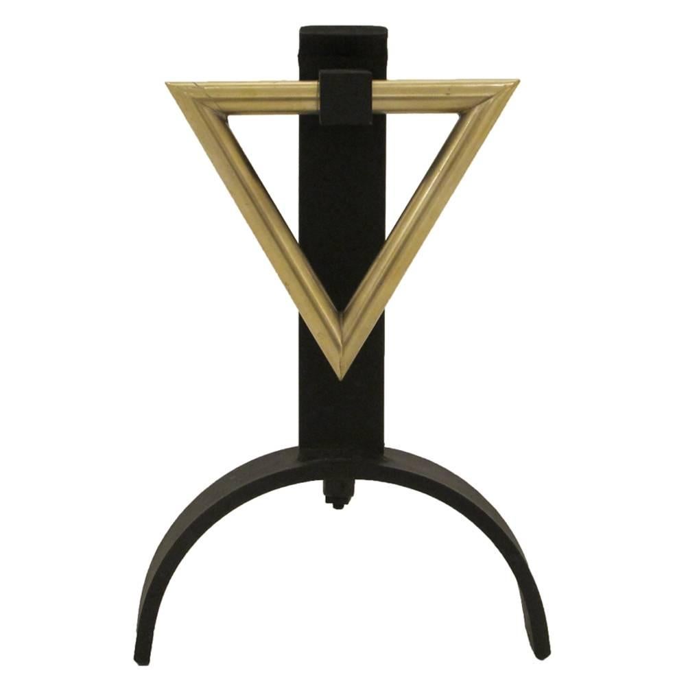 Mid-Century Modern Donald Deskey Style Andirons, Brass Triangle