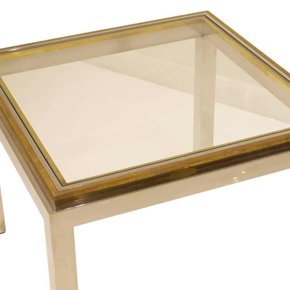 Modern Jean Charles Side Table Square Brass, Chrome and Glass Signed France, 1970s