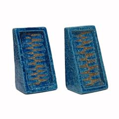 Bitossi Ceramic Bookends Rimini Blue and Gold Signed, Italy, 1950s
