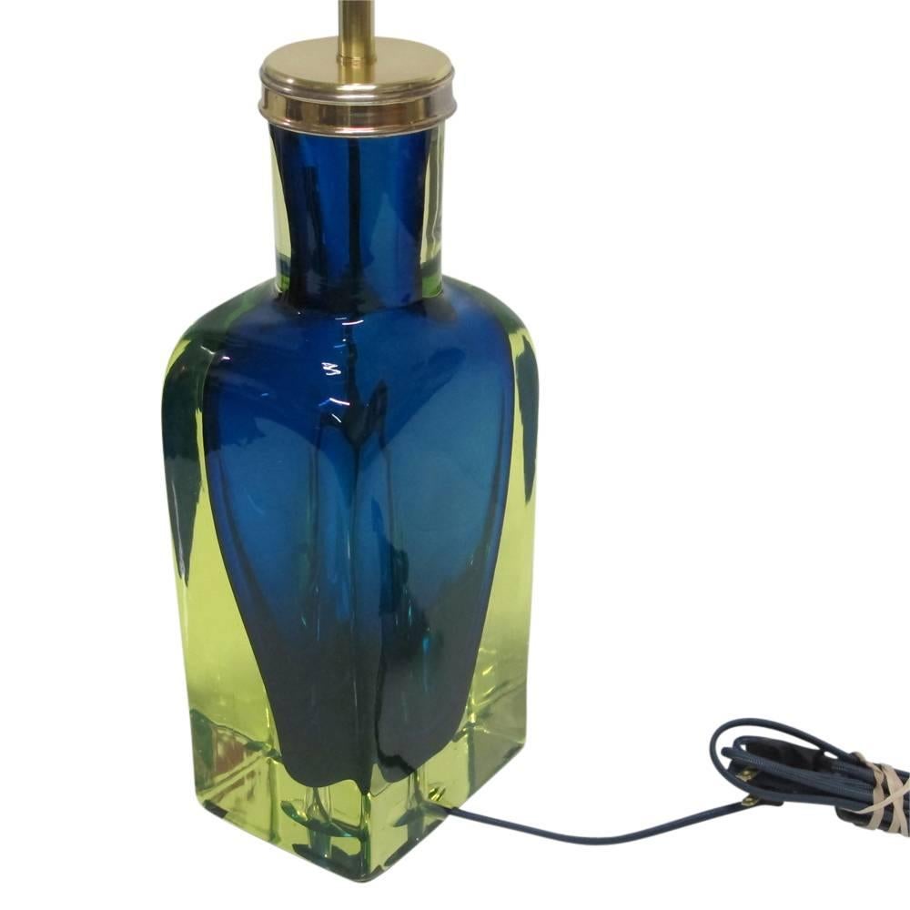 Mid-20th Century Murano Sommerso Italian Glass Lamp Blue Chartreuse Da Ros Cenedese, Italy, 1960s