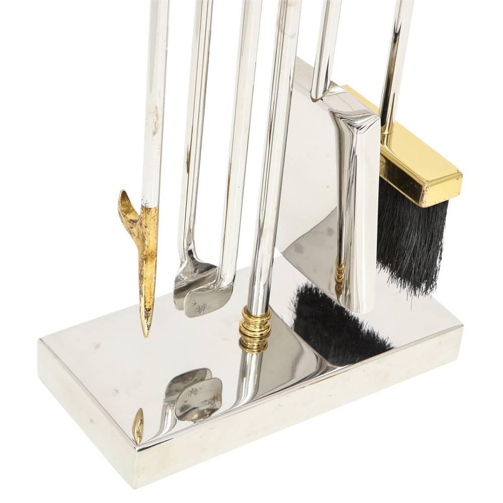 Plated Danny Alessandro Fireplace Tools, Brass and Chrome, Ring Handle