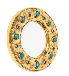 François Lembo Mirror Gold Jeweled Turquoise Signed, France, 1970s