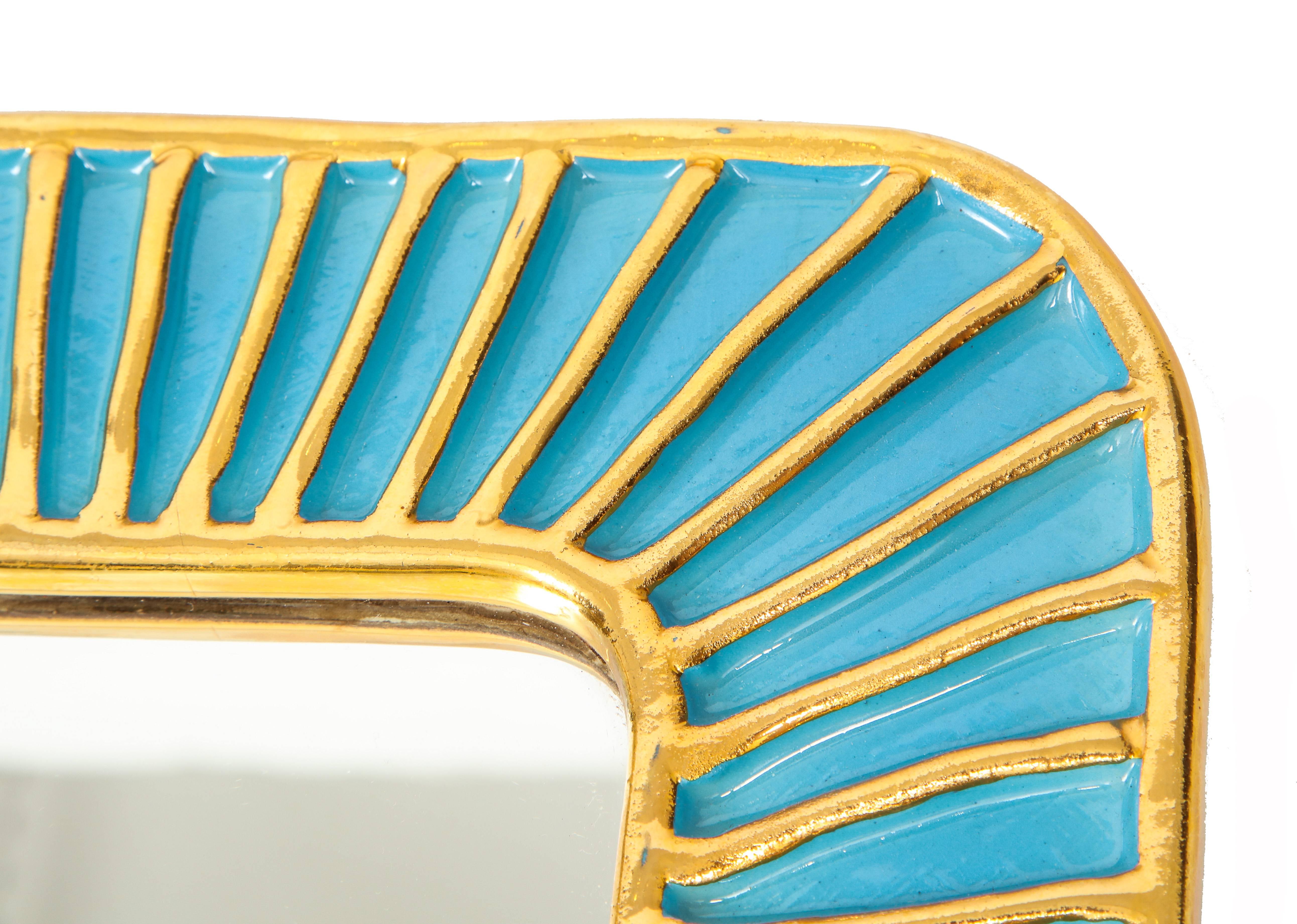 French Francois Lembo Ceramic Mirror Turquoise Gold Signed, France, 1970s
