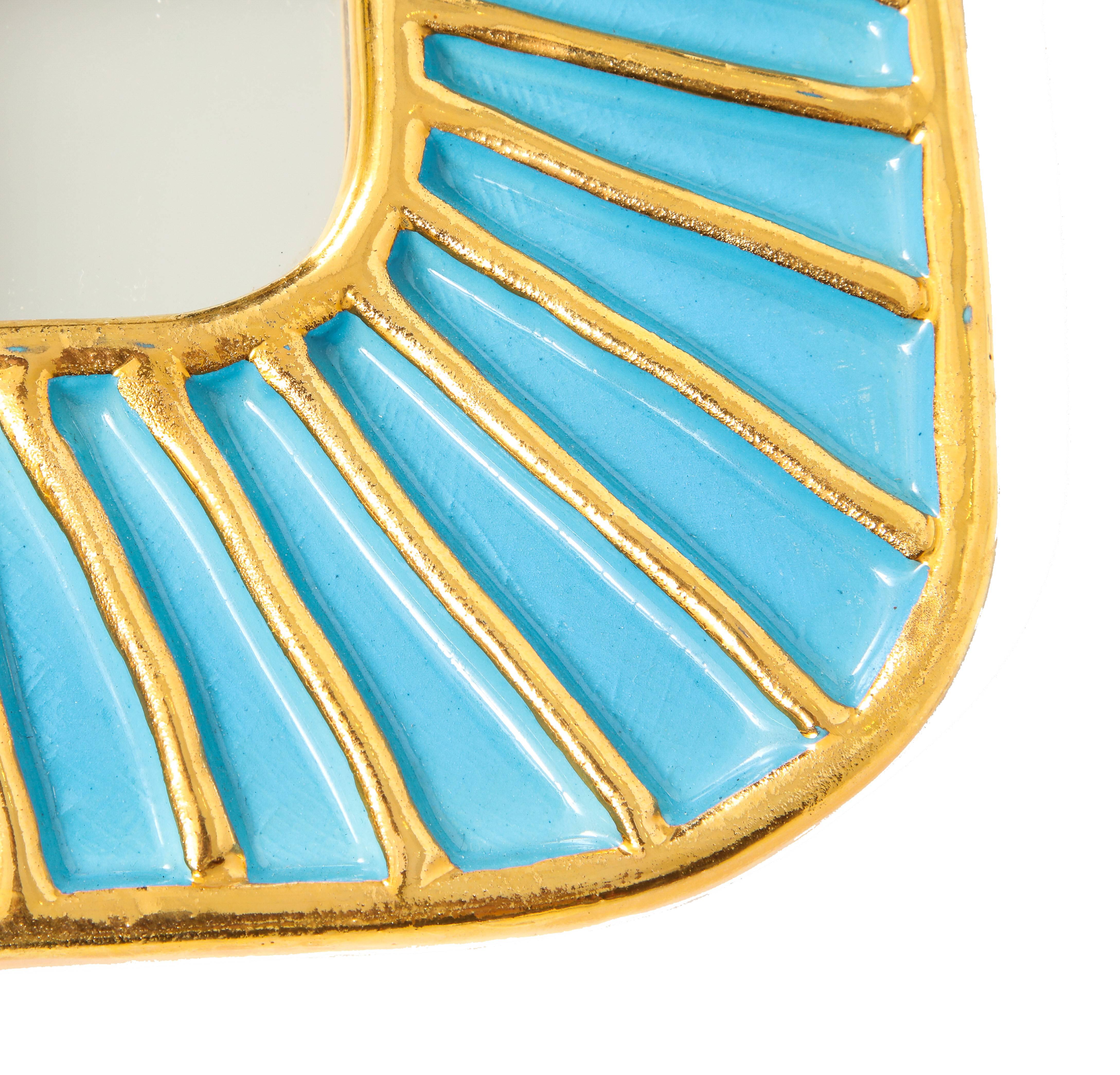 Glazed Francois Lembo Ceramic Mirror Turquoise Gold Signed, France, 1970s
