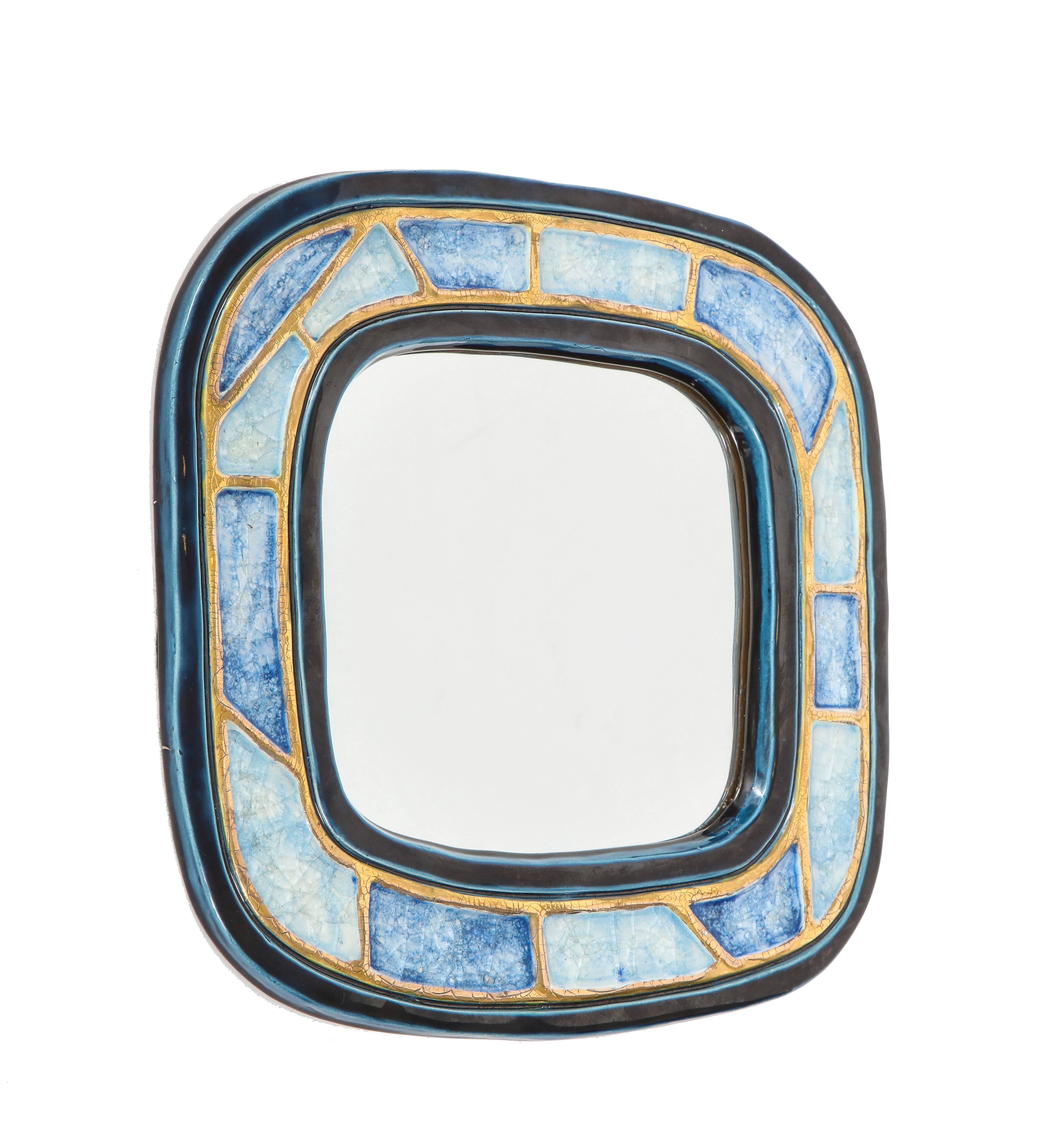 Mid-Century Modern Mithé Espelt Mirror, Ceramic, Gold and Blue, Fused Glass