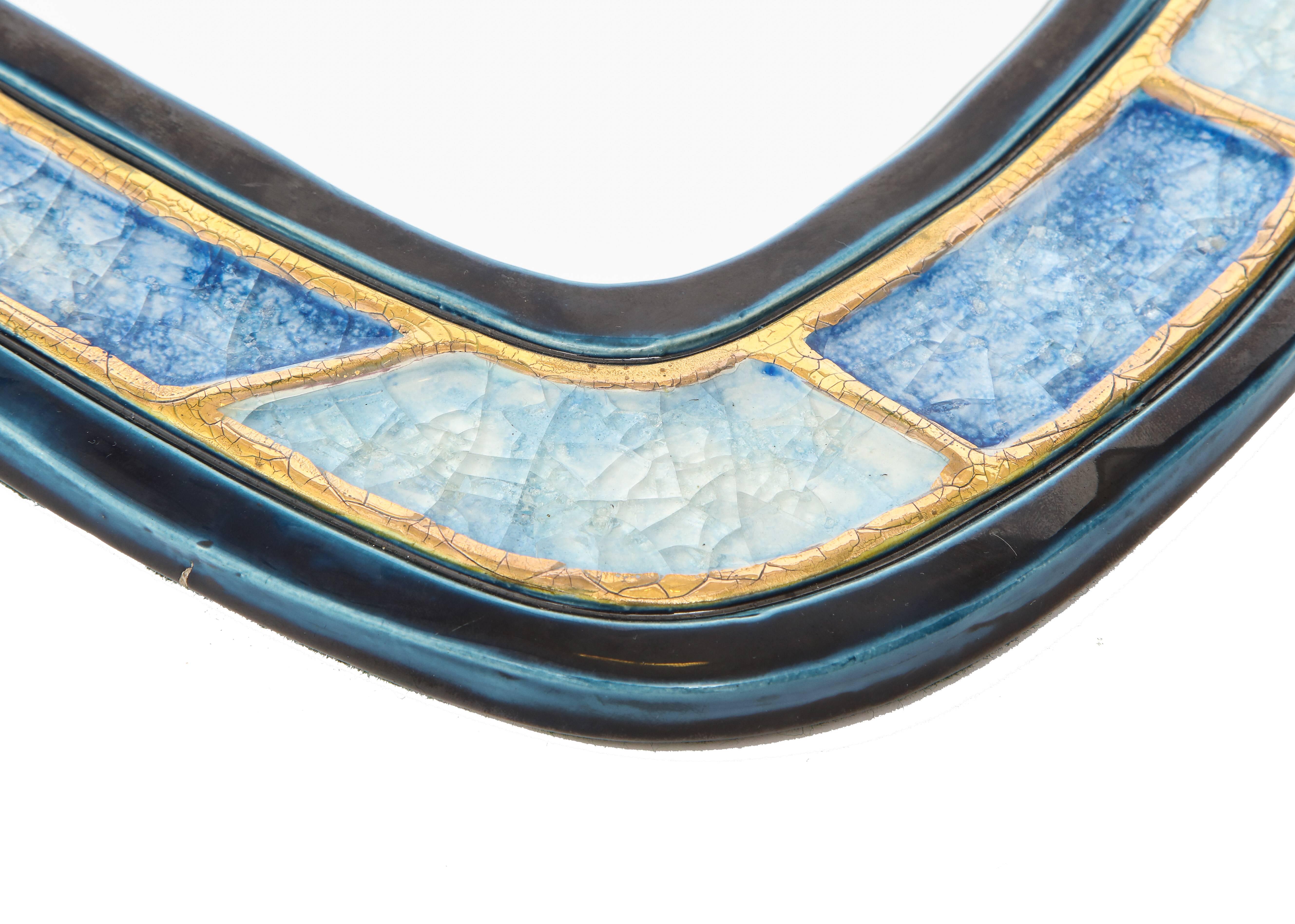 French Mithé Espelt Mirror, Ceramic, Gold and Blue, Fused Glass