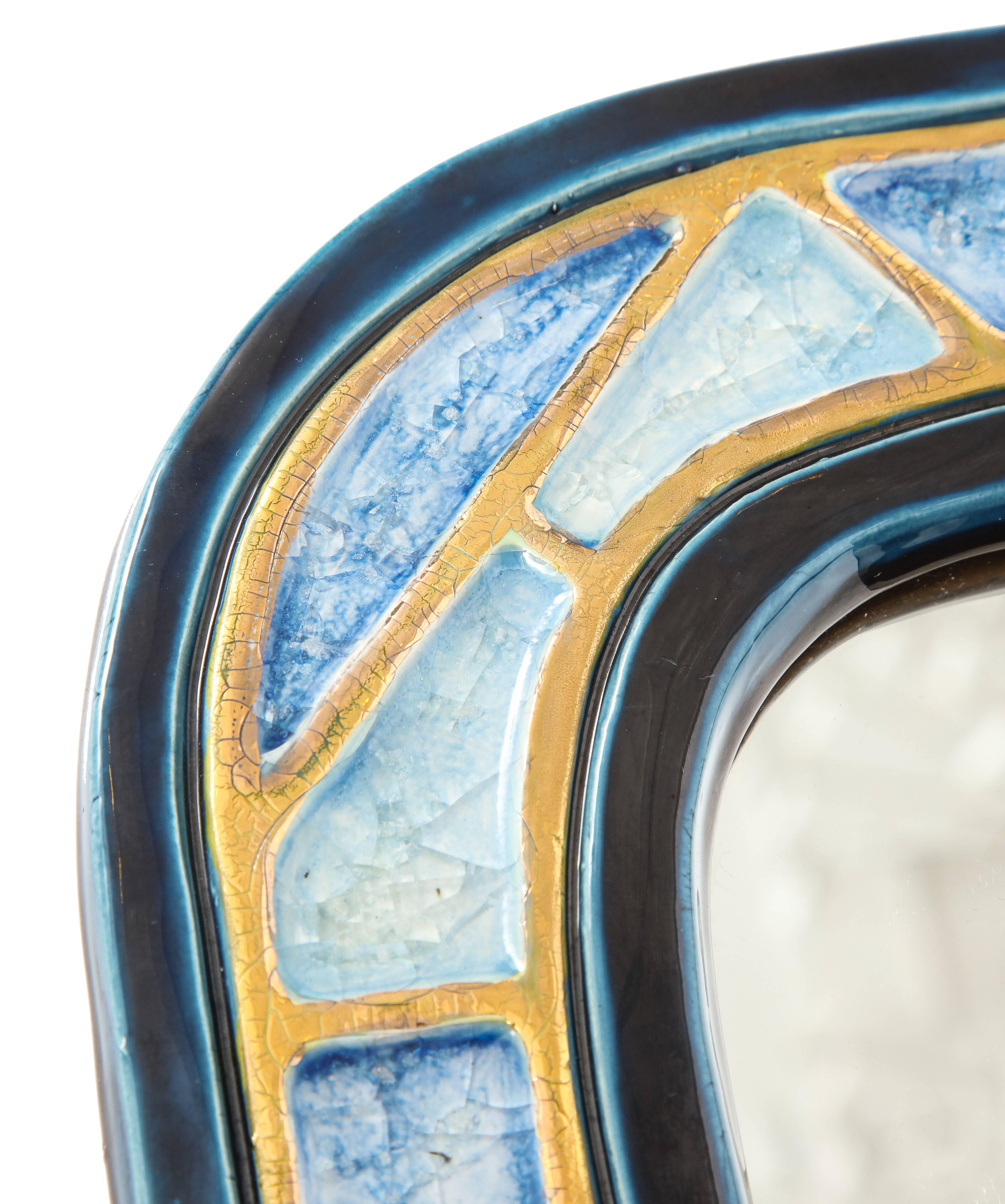 Glazed Mithé Espelt Mirror, Ceramic, Gold and Blue, Fused Glass