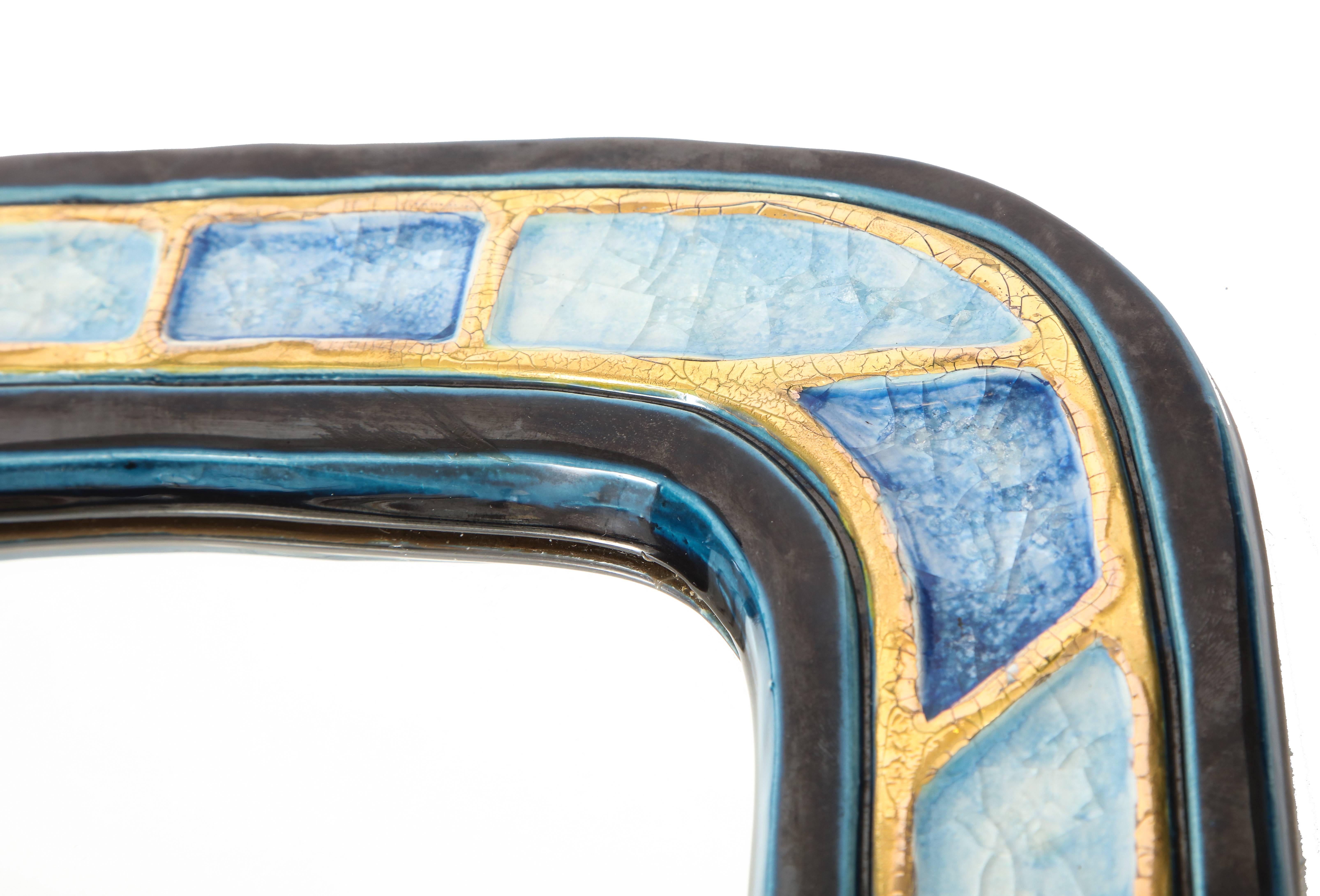 Mithé Espelt Mirror, Ceramic, Gold and Blue, Fused Glass In Good Condition In New York, NY