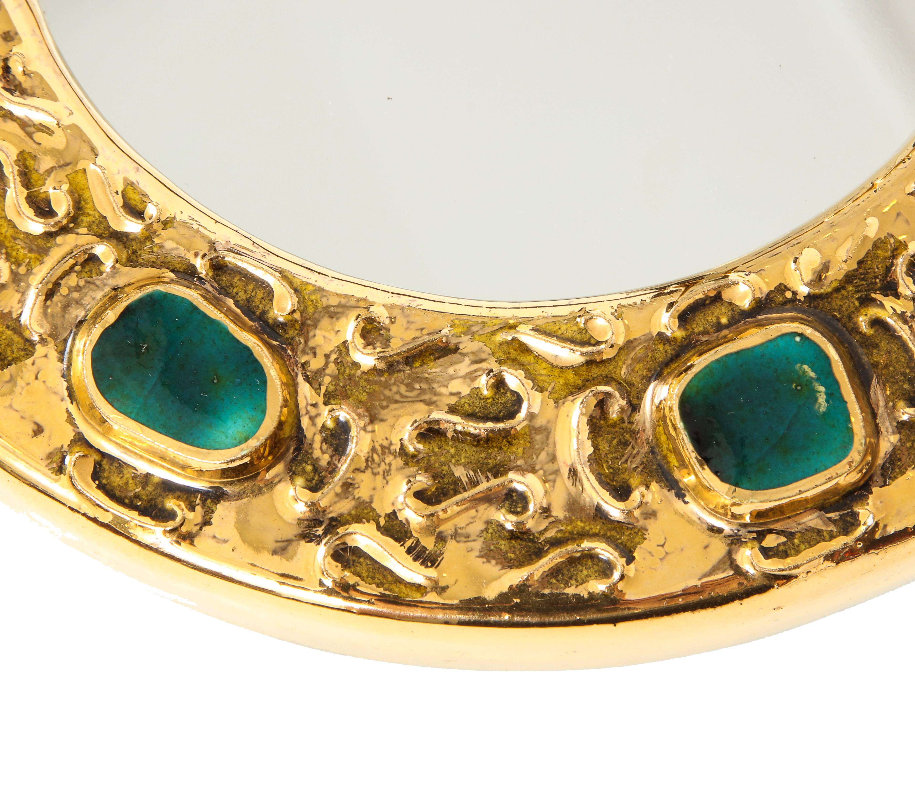 Glazed Francois Lembo Mirror, Ceramic, Gold, Green, Jeweled, Signed