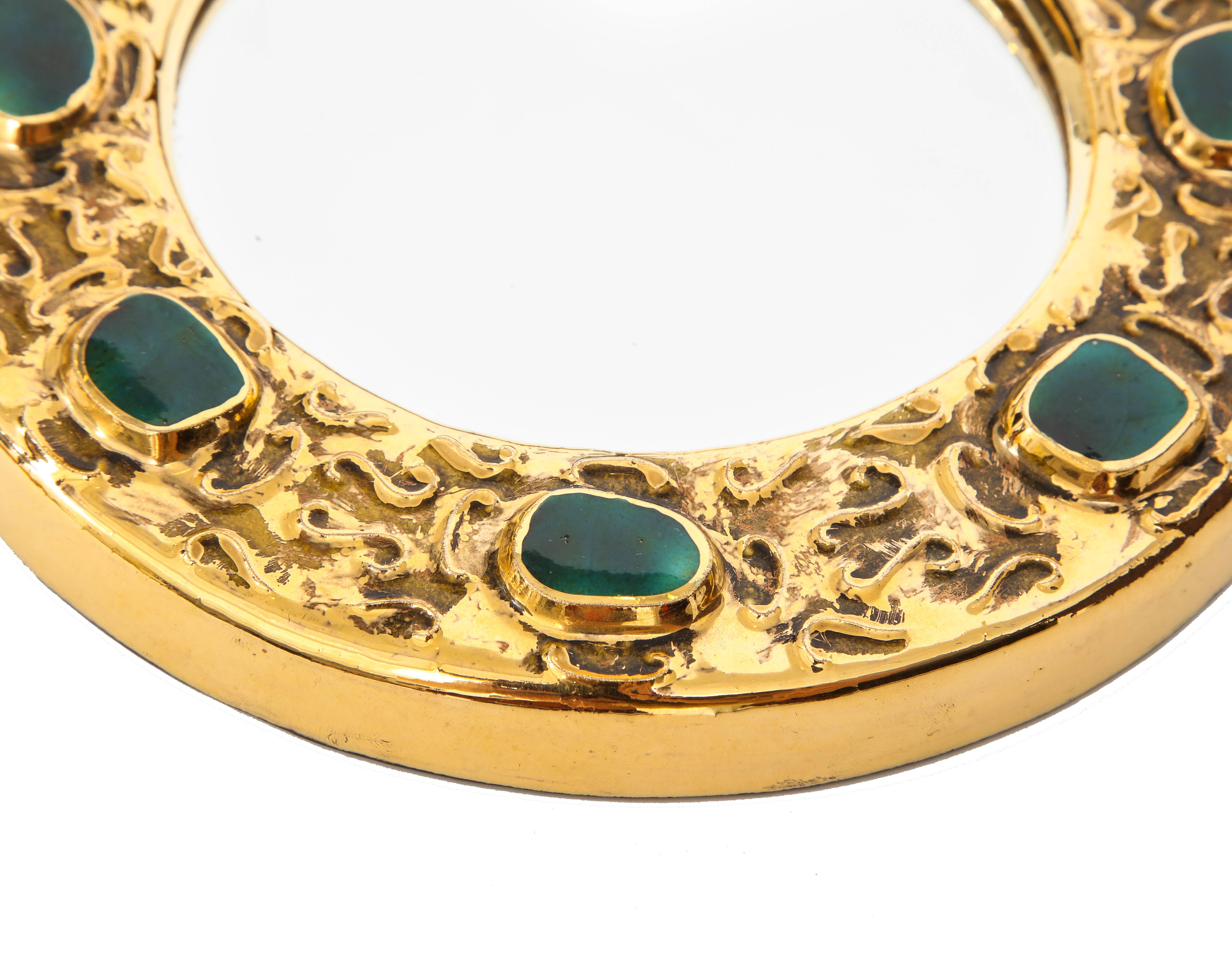Mid-Century Modern Francois Lembo Mirror, Ceramic, Gold, Green, Jeweled, Signed