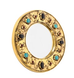 François Lembo Mirror, Ceramic, Jeweled, Gold, Turquoise, Black, Ruby, Signed