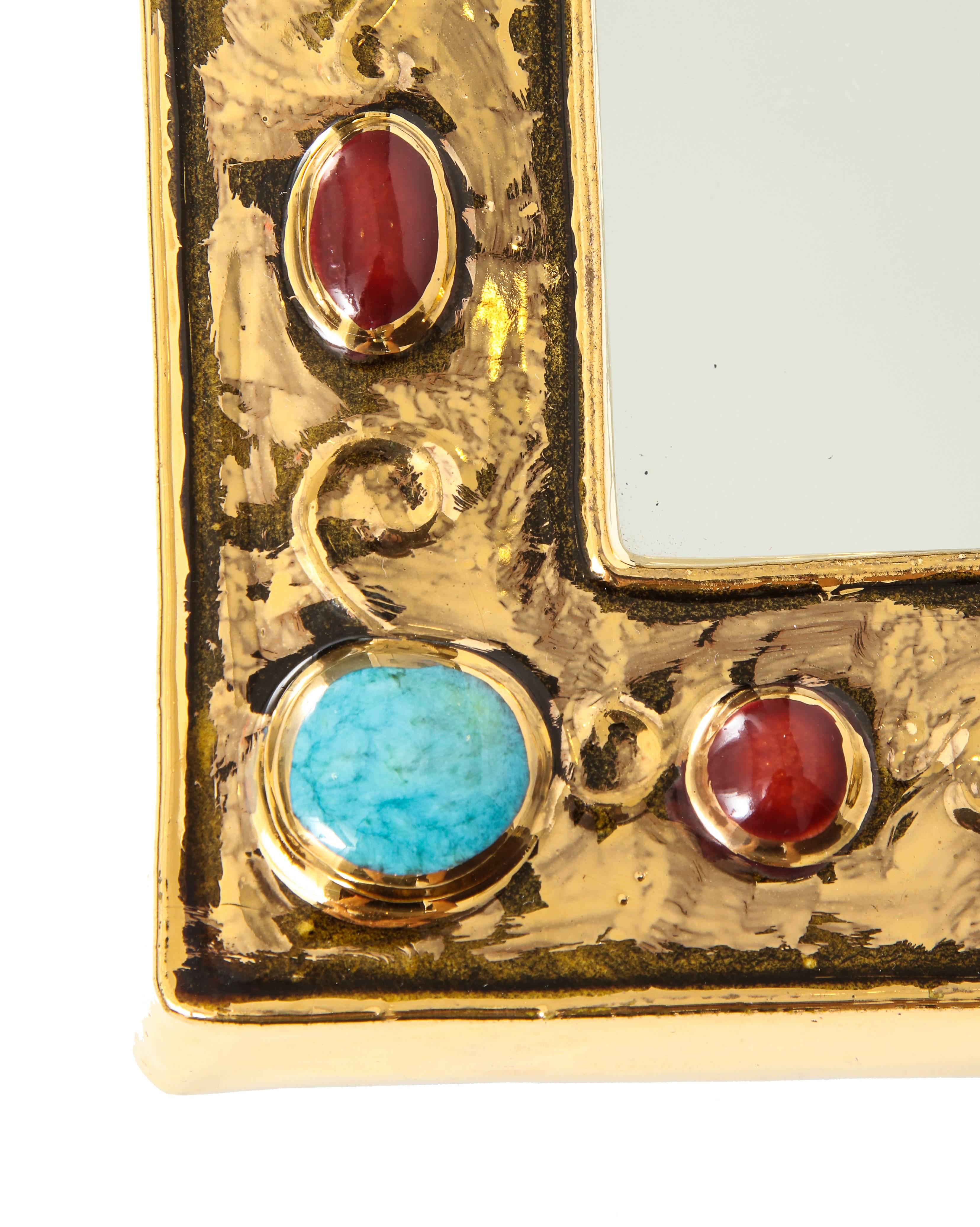 Glazed Francois Lembo Mirror, Ceramic, Gold, Turquoise, Black and Red, Jeweled, Signed