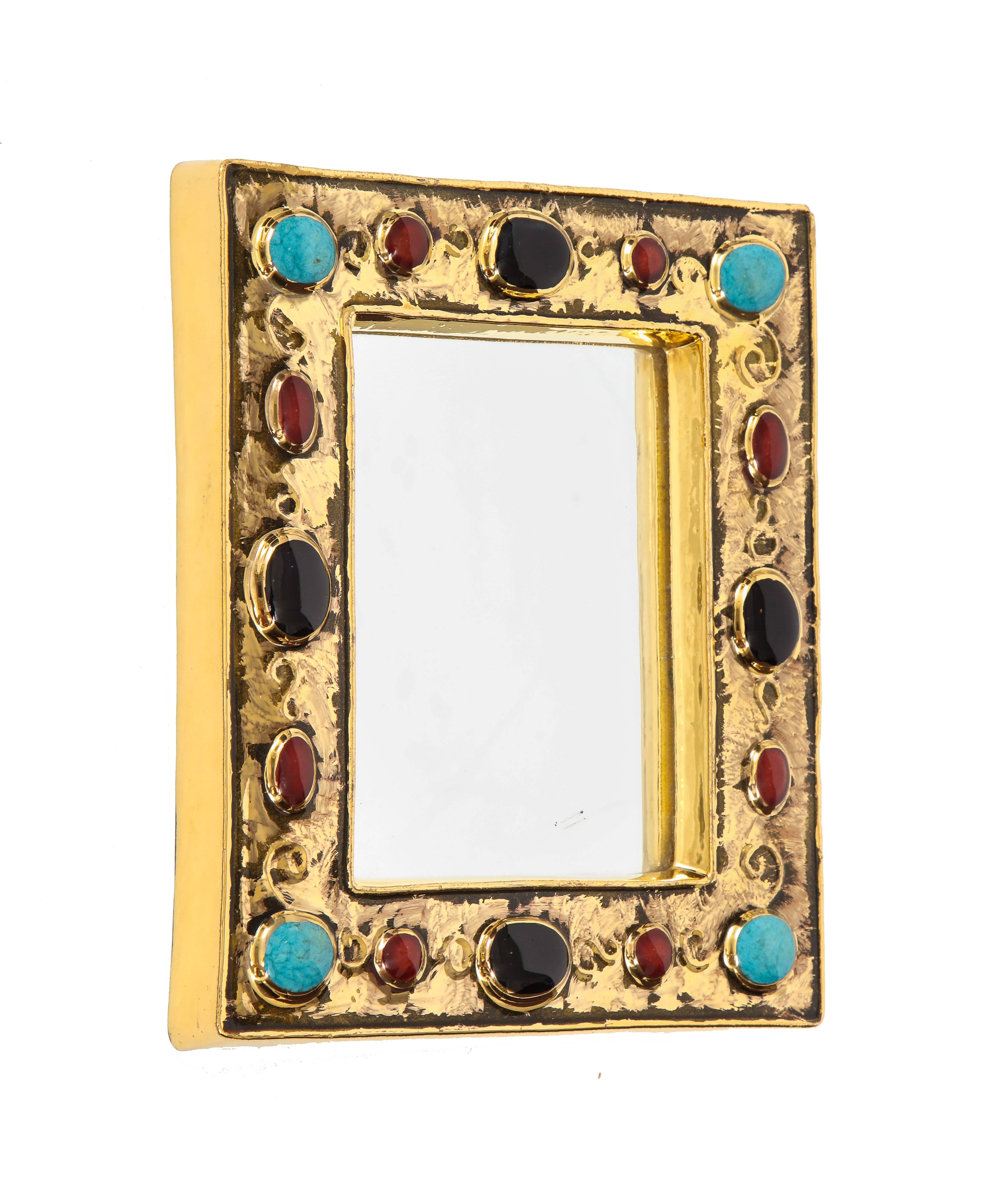 Mid-Century Modern Francois Lembo Mirror, Ceramic, Gold, Turquoise, Black and Red, Jeweled, Signed