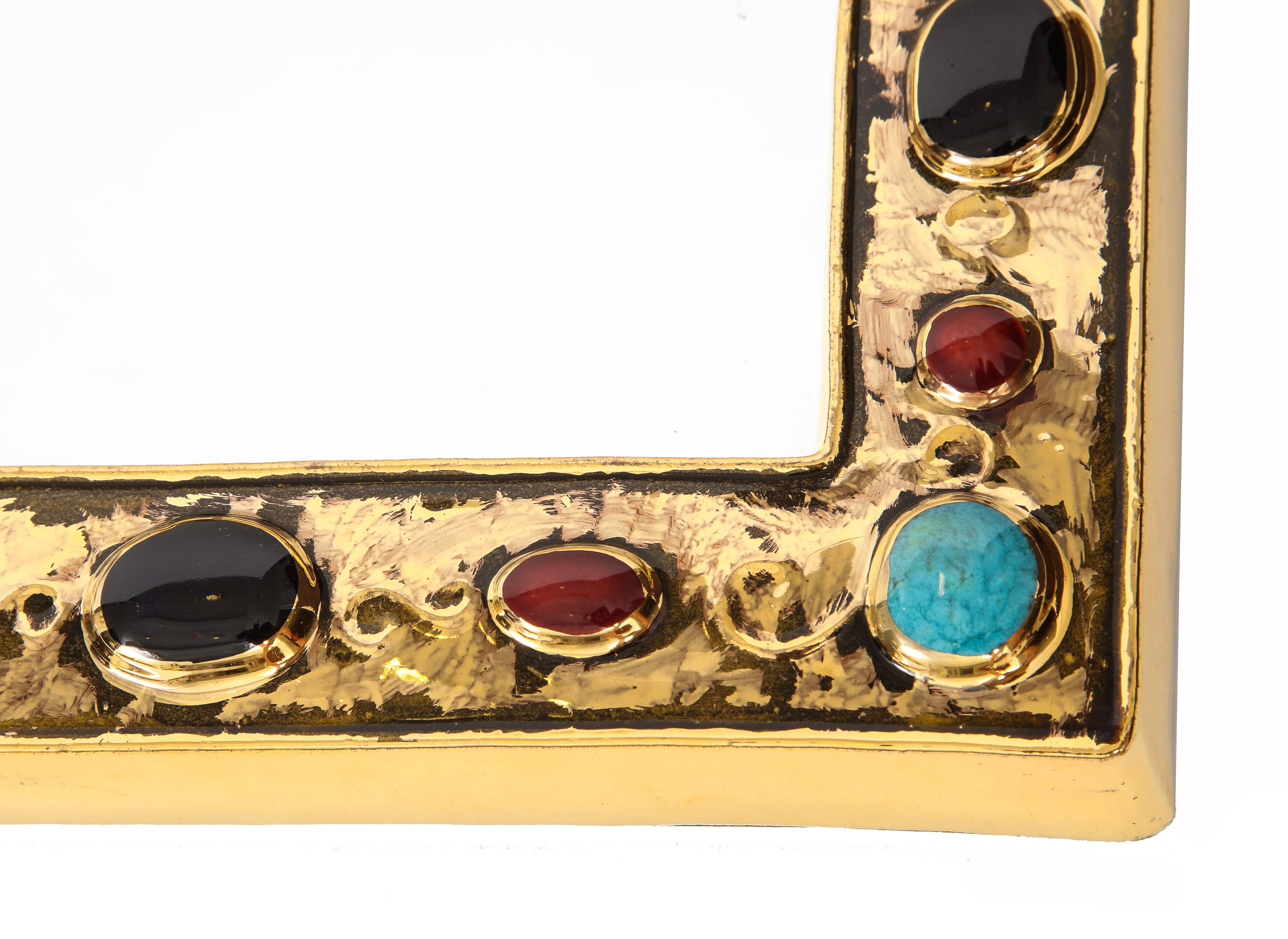 Francois Lembo Mirror, Ceramic, Gold, Turquoise, Black and Red, Jeweled, Signed In Good Condition In New York, NY