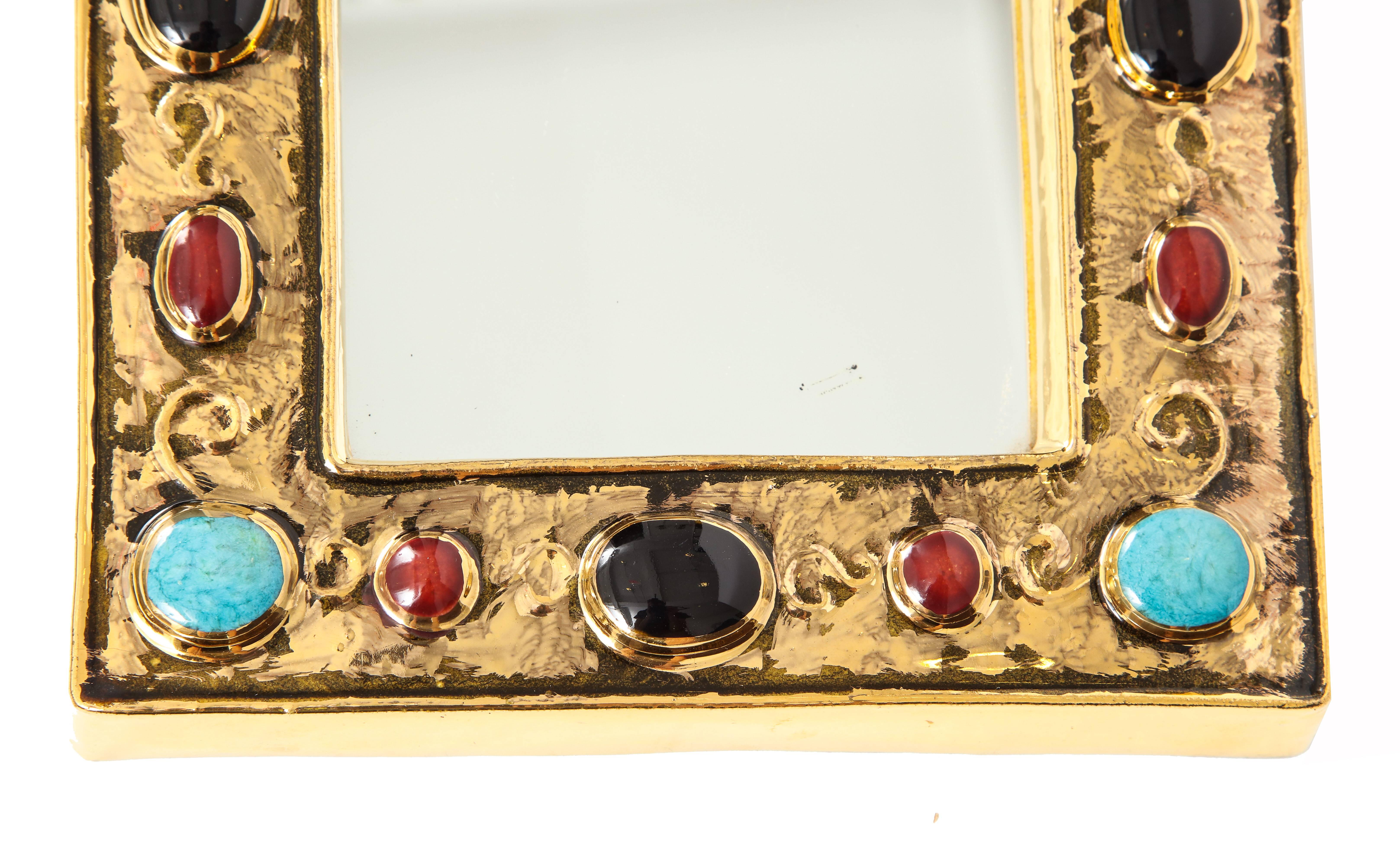 French Francois Lembo Mirror, Ceramic, Gold, Turquoise, Black and Red, Jeweled, Signed