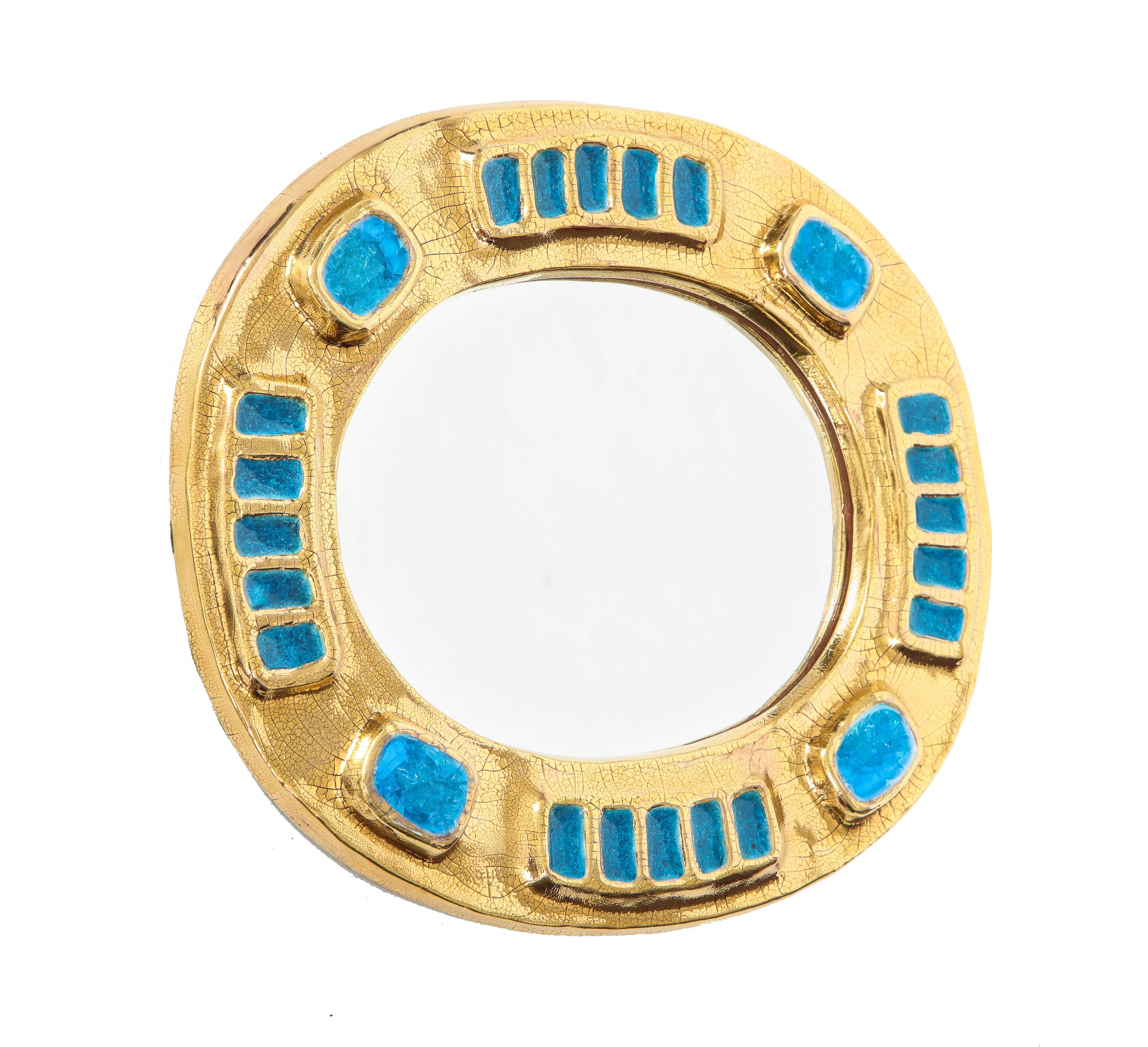 Francois Lembo ceramic mirror gold blue fused glass France 1970s. Gold crackle glazed mirror with blue fused decorations. Can be displayed vertically or horizontally.