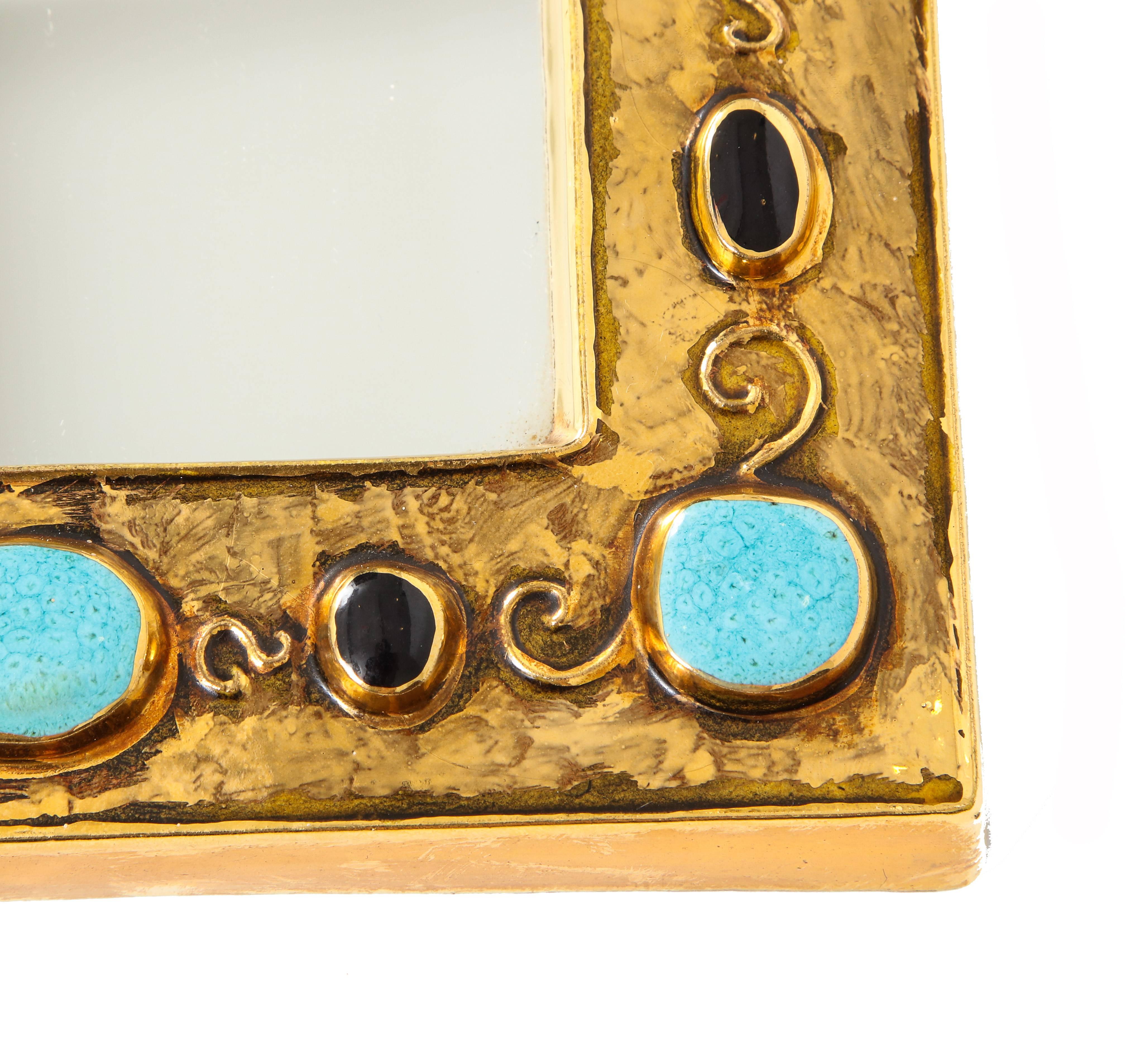 French Francois Lembo Mirror, Ceramic, Jeweled, Gold, Black, and Turquoise, Signed