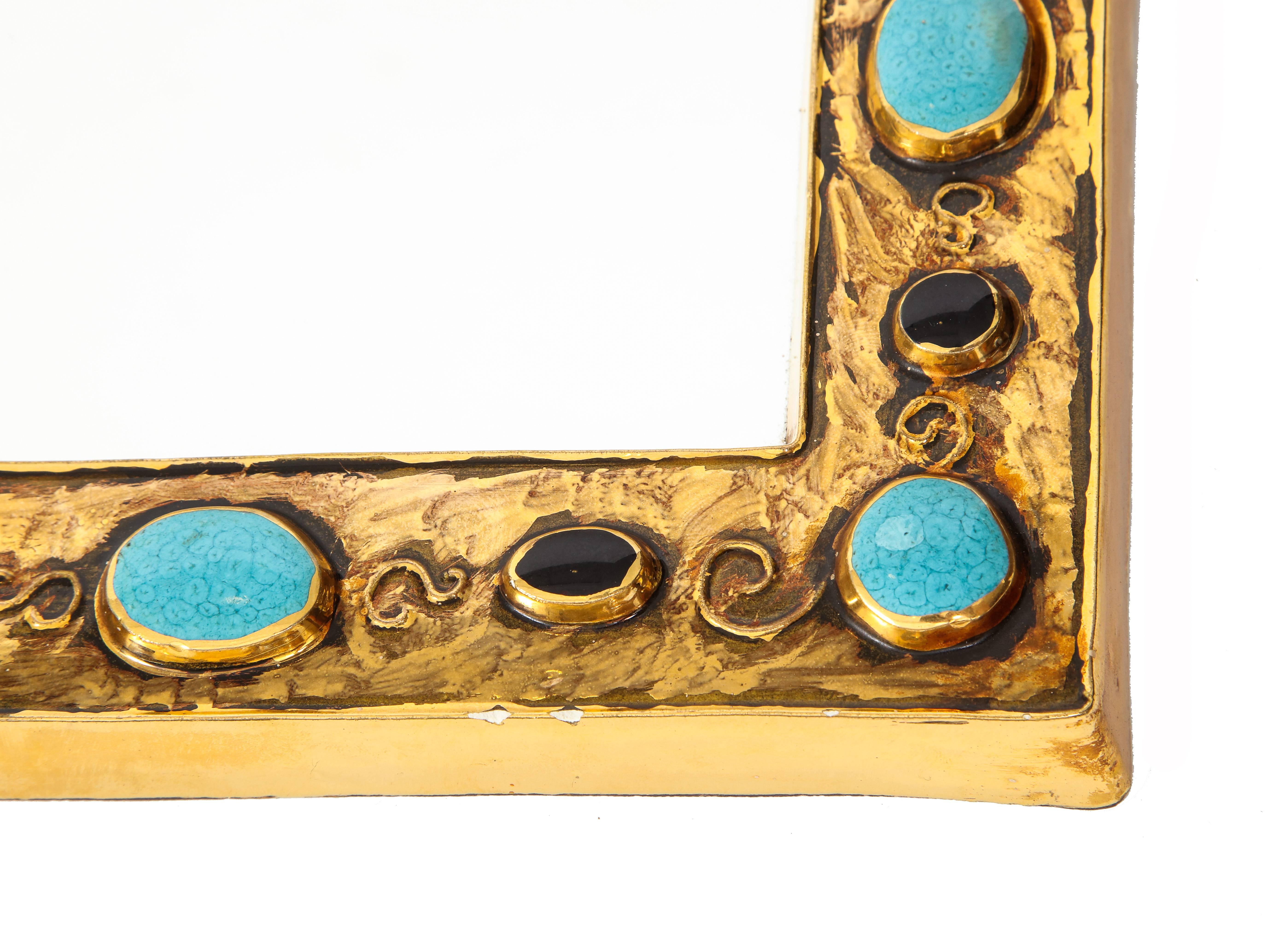 Glazed Francois Lembo Mirror, Ceramic, Jeweled, Gold, Black, and Turquoise, Signed