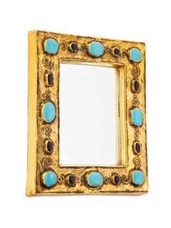 Francois Lembo Mirror, Ceramic, Jeweled, Gold, Black, and Turquoise, Signed