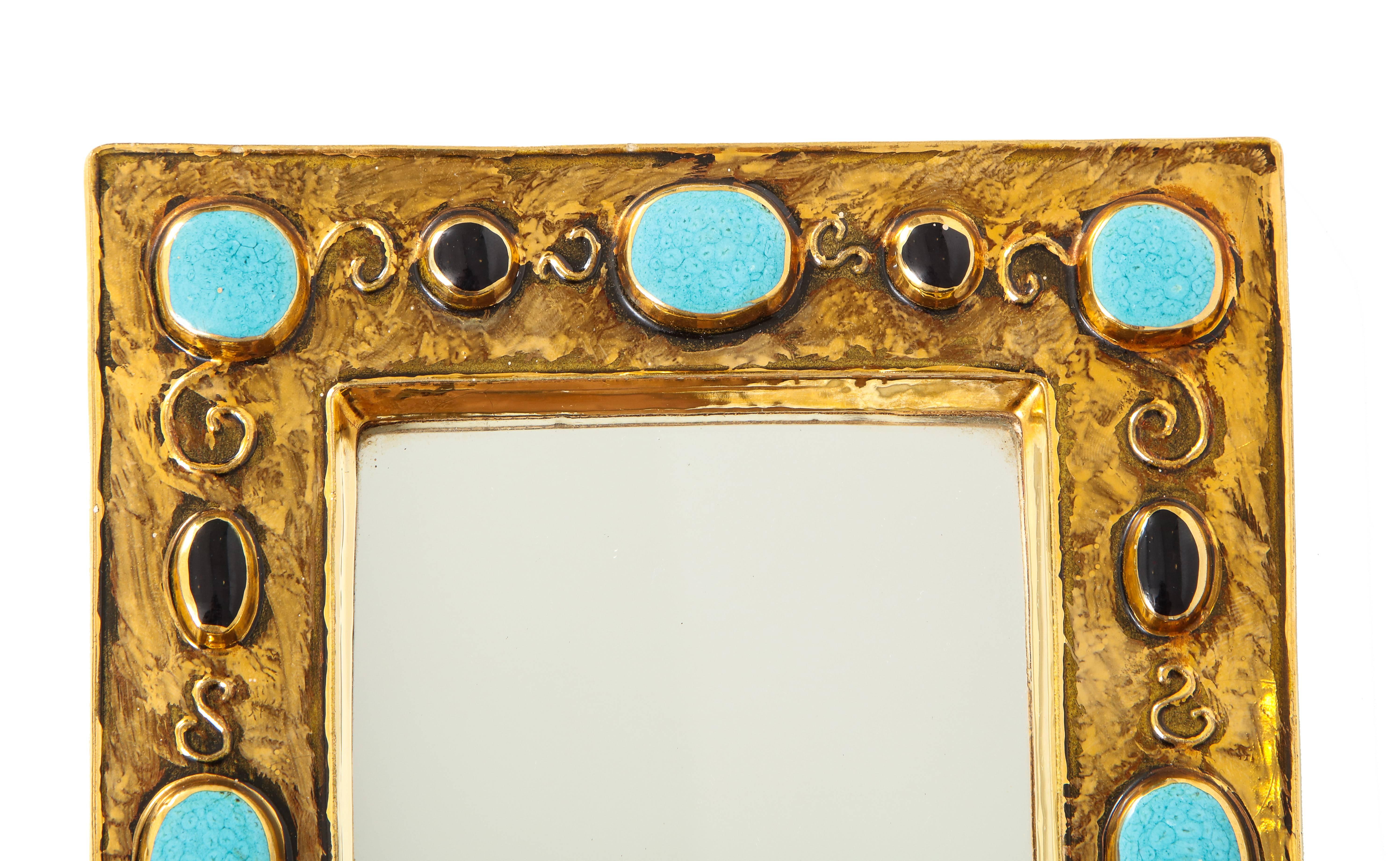 Mid-Century Modern Francois Lembo Mirror, Ceramic, Jeweled, Gold, Black, and Turquoise, Signed