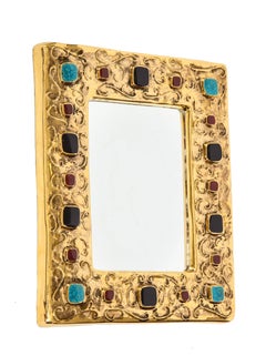 Francois Lembo Ceramic Mirror Gold Jewels Signed France, 1970s