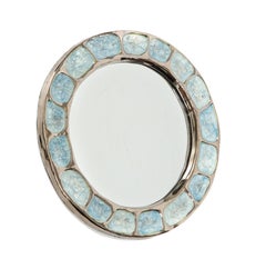 Francois Lembo Ceramic Mirror Metallic Silver Chrome Blue Round, France, 1970s