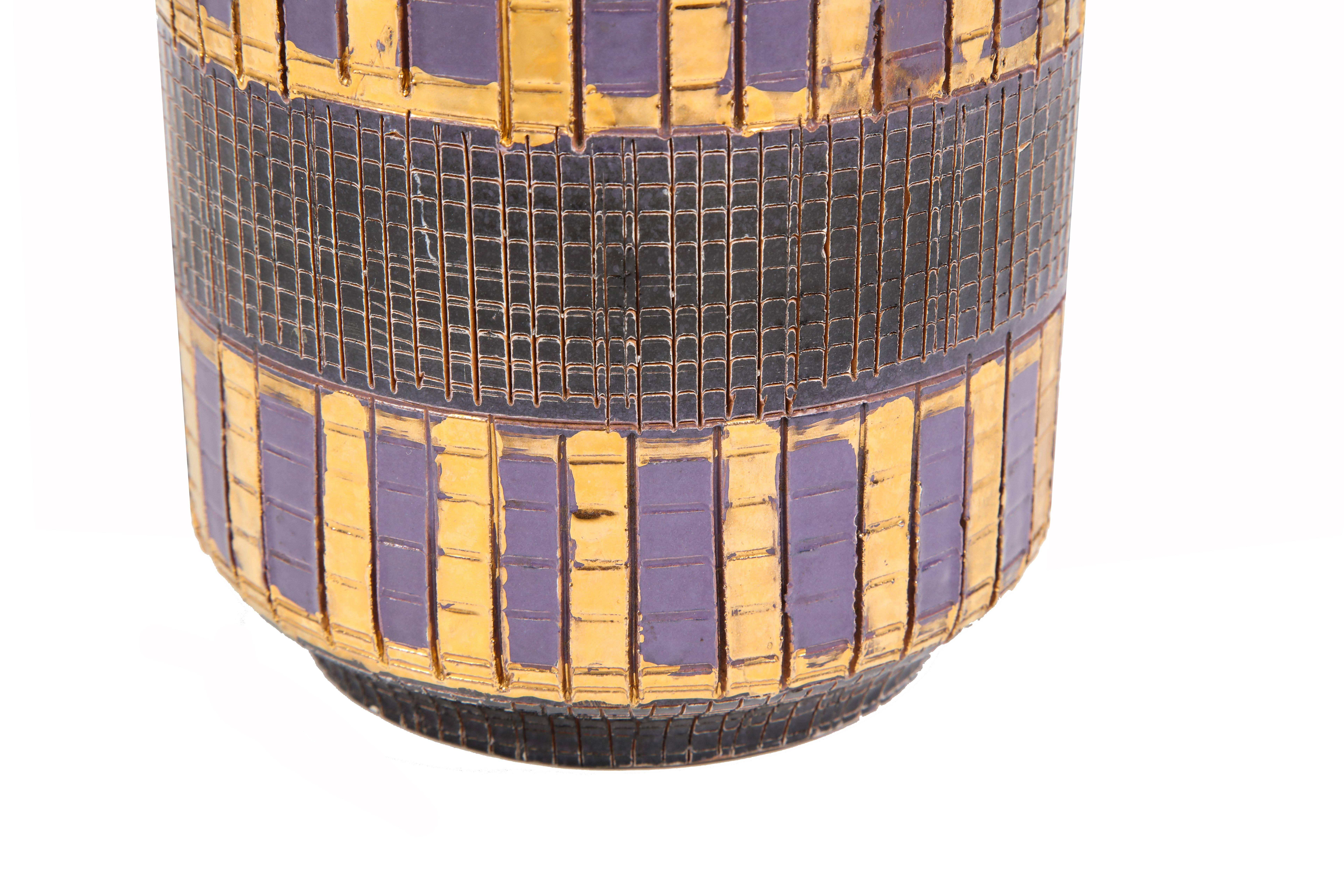 Italian Aldo Londi Bitossi Seta Vase, Ceramic, Gold, Purple and Black, Signed