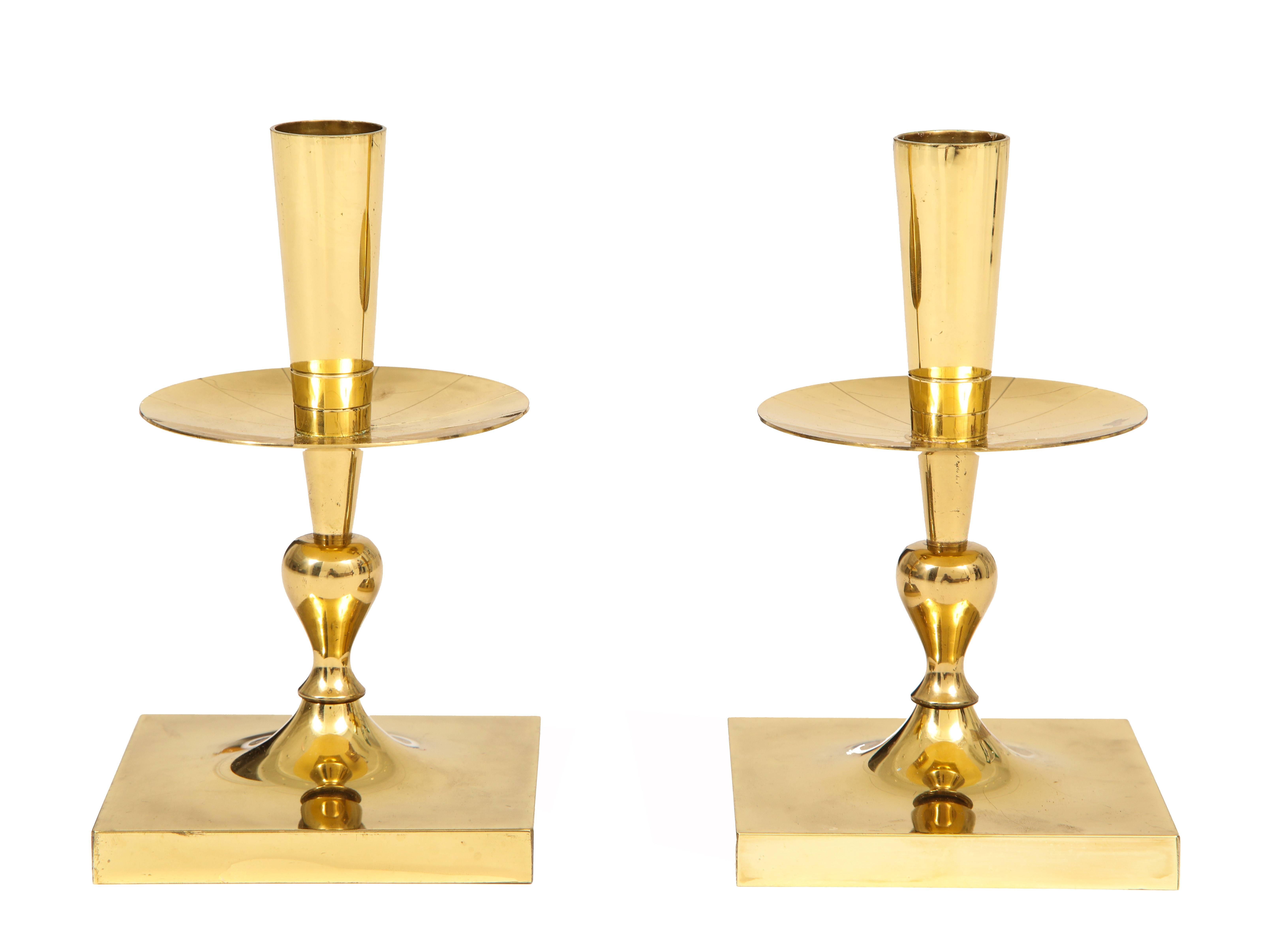 Mid-Century Modern Tommi Parzinger Candlesticks, Brass, Signed, Dorlyn For Sale