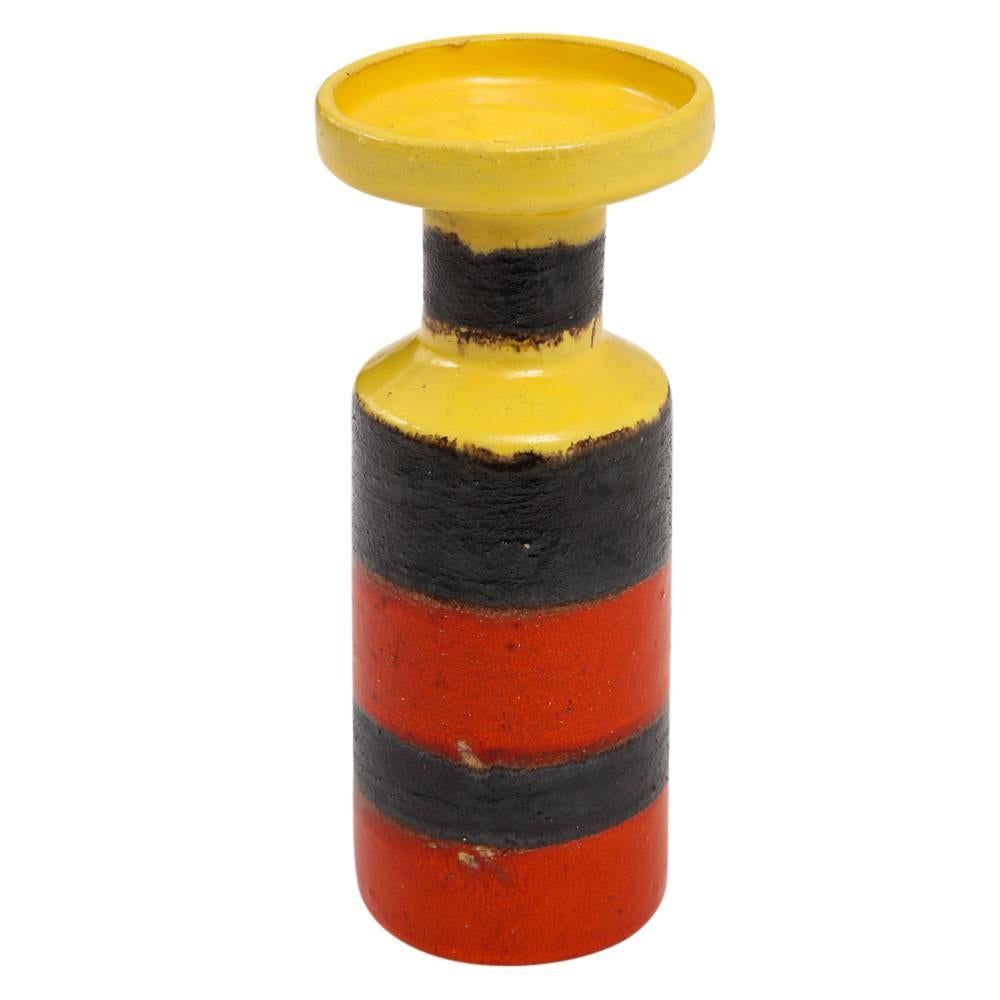 Bitossi ceramic vase pottery stripes yellow red black signed Italy, 1960s. Petite vase with flared collar and tapered neck. Alternating stripes yellow and black and black and red. Signed Italy on underside of vase.