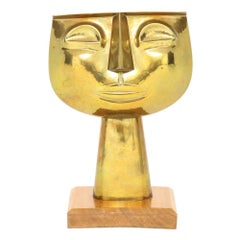 Oswaldo Guayasamin Brass Sculpture Head Signed Ecuador, 1960s