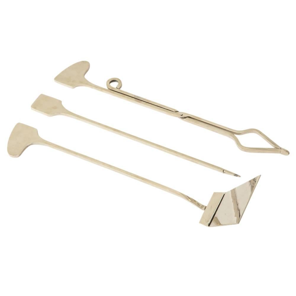 Late 20th Century Jean Paul Creations Fireplace Tools Brass Nickel-Plated Steel, France, 1970s