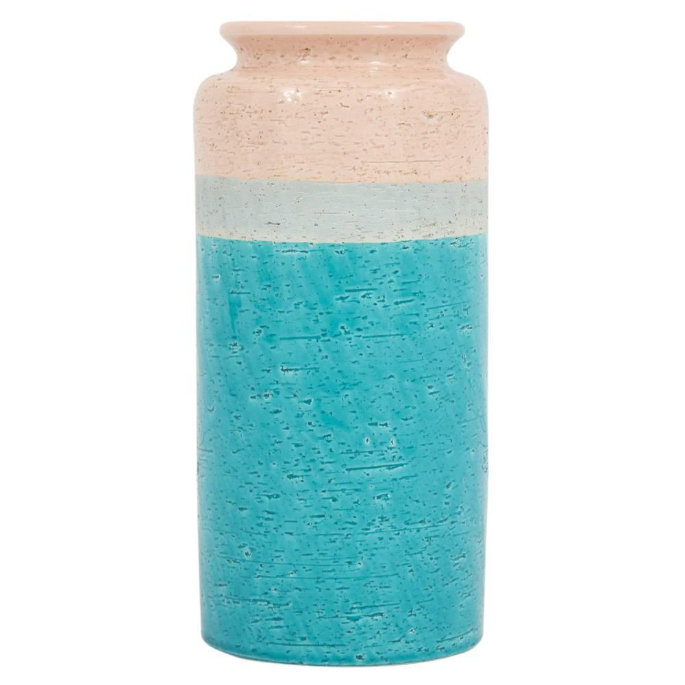 Bitossi ceramic vase turquoise pink signed, Italy. Tall vase with three bands of color: a soft pink, matte grey and turquoise. Retains original paper label which reads: Made in Italy 99-903.
    