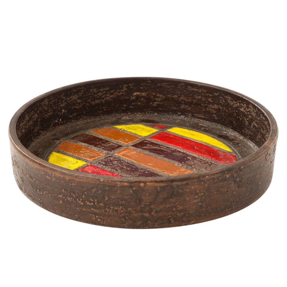 Bitossi Ceramic Bowl Tray Geometric Yellow Red Brown, Italy, 1960s