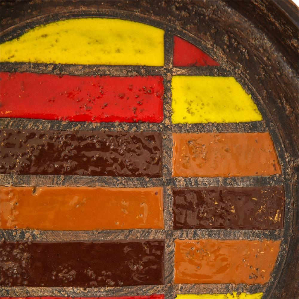 Glazed Bitossi Ceramic Bowl Tray Geometric Yellow Red Brown, Italy, 1960s