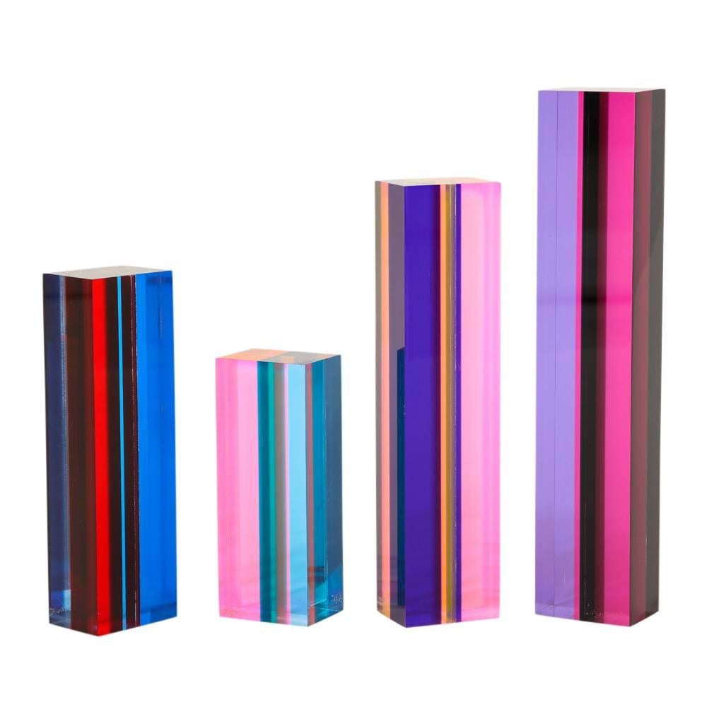 Vasa Mihich acrylic sculptures signed, USA, 1980s. Set of four multi-color acrylic sculptures. Each column signed and dated 1988. Dimensions:
6" x 2.38" x 1.75",
8" x 2.38" x 1.75",
10" x 2.38" x